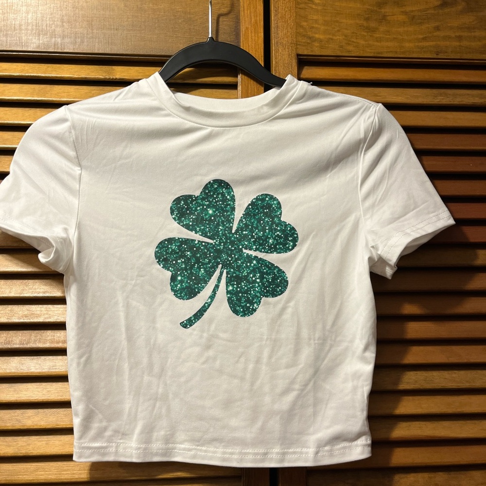 White Crop Top with Green Shamrock Design